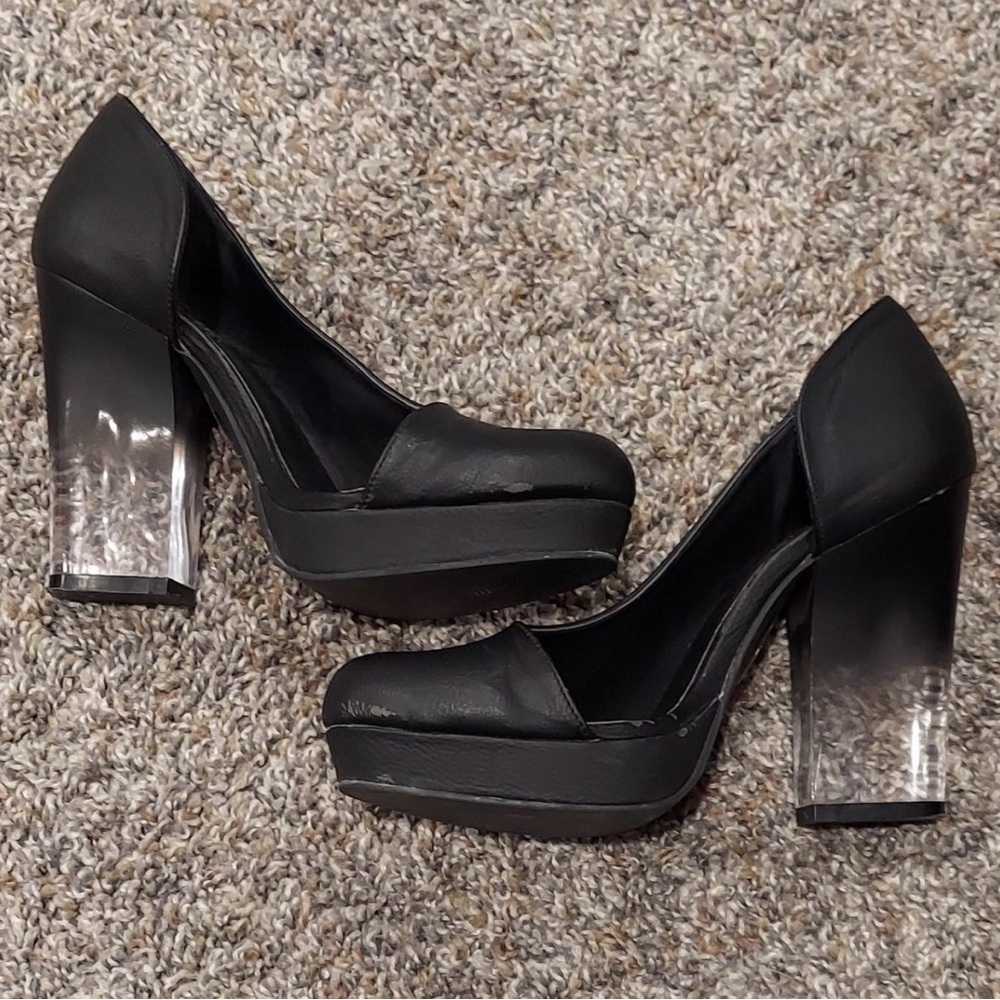 Black Platform Faux Leather Pumps with Clear Heel Cutout Urban Outfitters 7